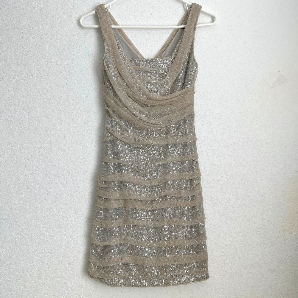 Express Sequin Mini Dress with Gathered Polka Dot Mesh Overlay, Size 0